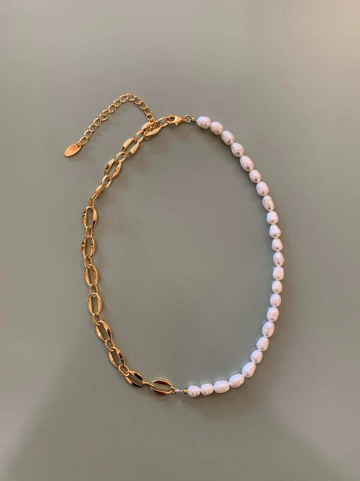 Pearl & Oval Chain Link Necklace