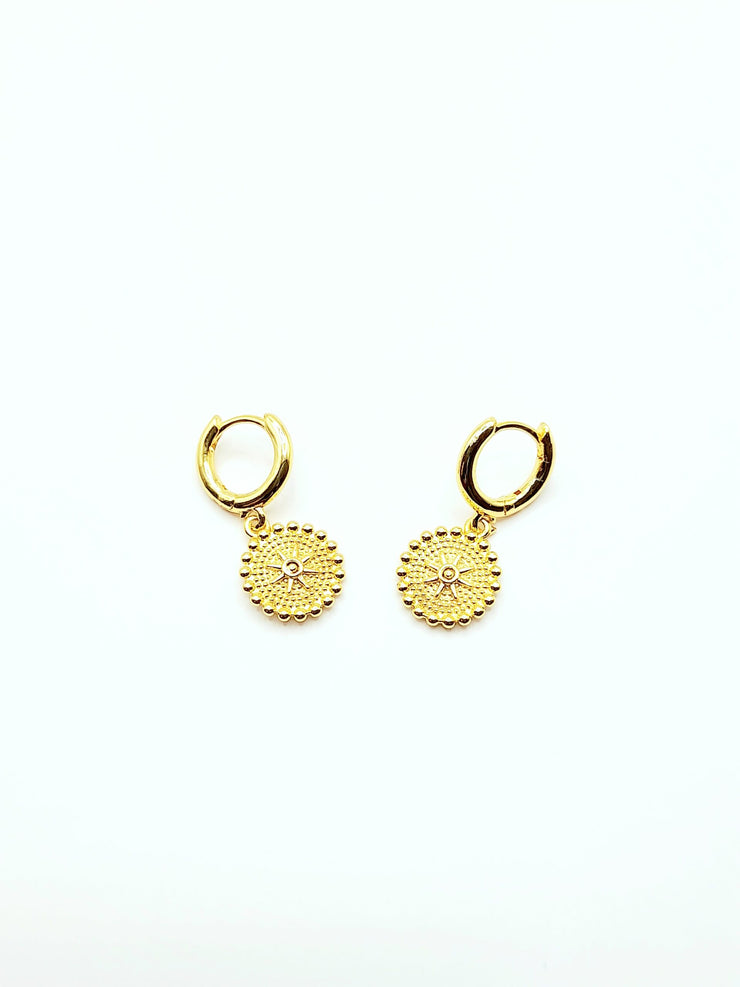 Gold Sun Disk Huggie Earrings