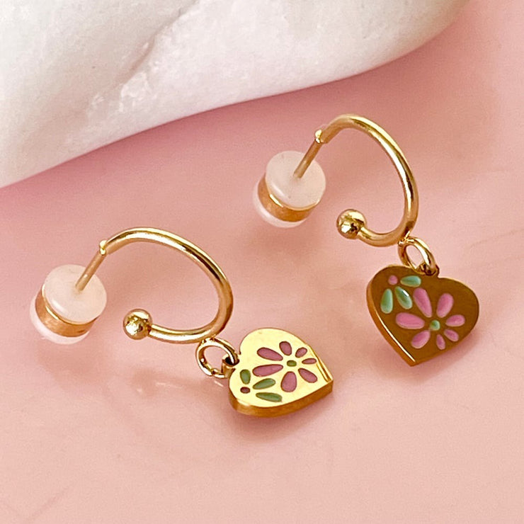 Pretty Floral Heart Half Hoop Earrings