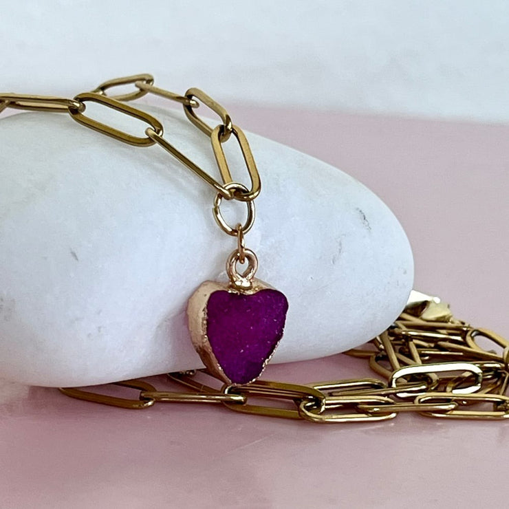 Ice Quartz Purple Heart on Paperclip Chain Necklace