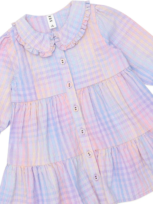 Rainbow Check Long Sleeve Frill Dress