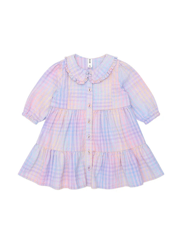 Rainbow Check Long Sleeve Frill Dress